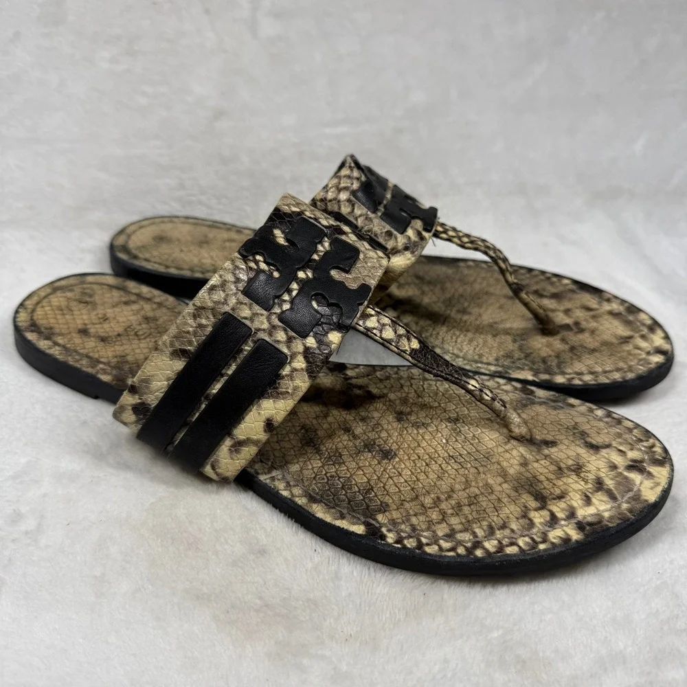 Tory Burch Miller Thong Sandals Snakeskin Print Leather Black Logo 9.5M 8099 C20